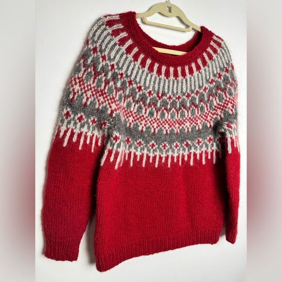 NEW ICELANDIC 100% WOOL BIG SWEATER HAND MADE size M fisherman red white unisex - Picture 5 of 17